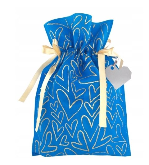 WOREK PREZENTOWY NIEBIESKI W ZŁOTE SERCA 30X45CM