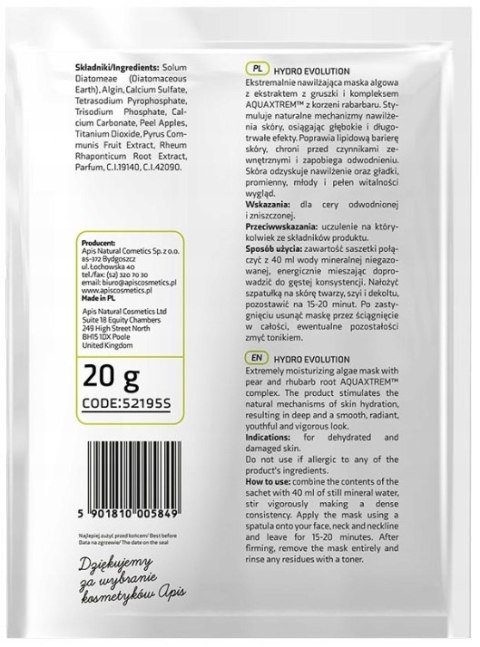 APIS Maska Algowa z Gruszką i Rabarbarem Nawilżająca Hydro Evolution 20 g