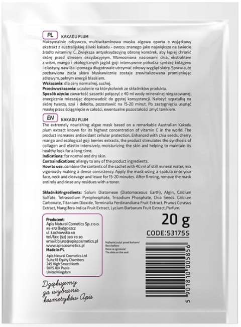 APIS Maseczka algowa w proszku ŚLIWKOWA na twarz/szyja/dekolt 20g