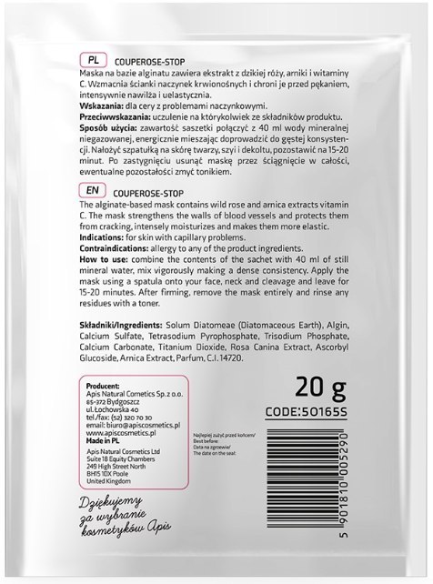 APIS maseczka algowa w proszku do twarzy na naczynka COUPEROSE-STOP 20G