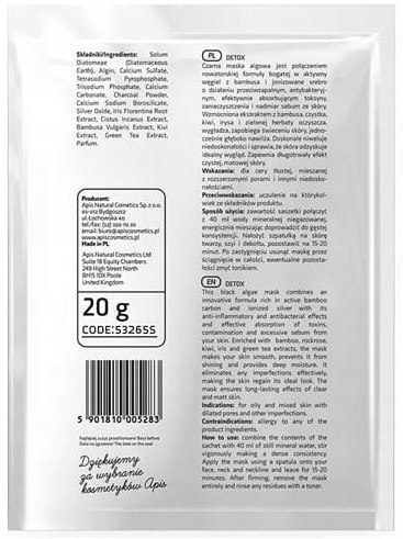 APIS Maska algowa z węglem z bambusa DETOKSYKUJĄCA 20g